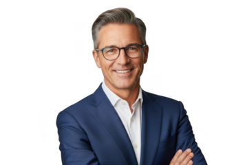 Smiling businessman wearing glasses and a suit isolated on transparent background