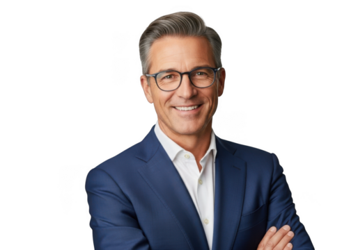 Smiling businessman wearing glasses and a suit isolated on transparent background