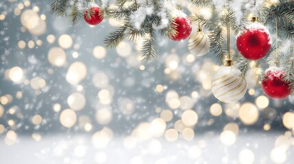 Magical Christmas scene snow dusted fir branches warm lights festive holiday background stock photo