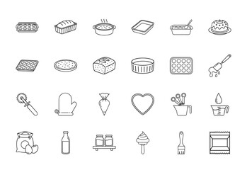 Baking and cooking line icon set. Vector pictograms of muffin pans, bread loaves, baking dishes, cake, pie, spatula, oven mitt, piping bag, and measuring tools, thin linear illustration.
