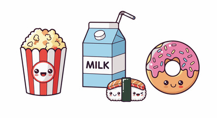 Cute Kawaii Food Icons Vector Set &ndash; Popcorn, Milk, Donut, Sushi