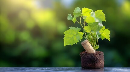close-up of wine cork and young grapevine