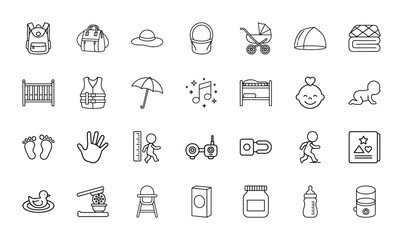 Baby and child care line icon set. Vector pictograms of stroller, crib, baby bottle, high chair, backpack, life vest, blanket, baby, thin linear illustration.