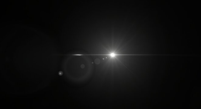 Realistic optical lens flare effect isolated on a black background. Bright white light source with a glowing starburst and rays. Abstract cinematic overlay for design - Powered by Adobe