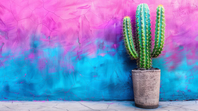 Potted cactus standing against vibrant pink and blue textured wall with cracks - Powered by Adobe