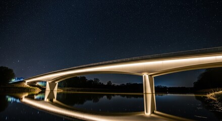 Modern illuminated bridge crossing a calm river at night under a starry sky reflecting in the water