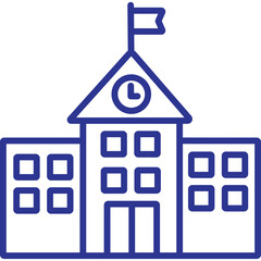Blue Outline Icon of a Traditional School Building with a Clock Tower and Flag a Simple Educational Institution Symbol