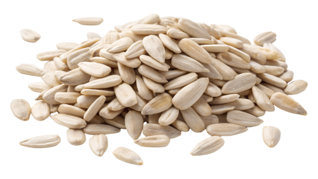 Pile of hulled white sunflower seeds, a healthy raw snack. Isolated on transparent background, png
