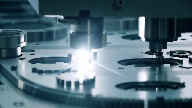 Close-up of industrial metal machine in operation showing moving parts and sparks of light emphasizing technology precision and engineering detail