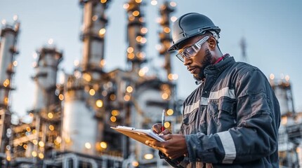 Engineer at Industrial Site: An engineer in protective workwear and a hard hat diligently inspects an industrial site, meticulously taking notes on a clipboard, showcasing expertise and commitment.