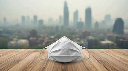 White medical mask on wooden table against blurred city skyline in heavy smog. Symbol of air pollution, health precautions, and urban environmental crisis.