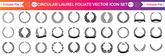 Circular black laurel foliate vector icon set. Set of black silhouette circular laurel foliate, wheat and oak wreaths depicting an award © Ragena