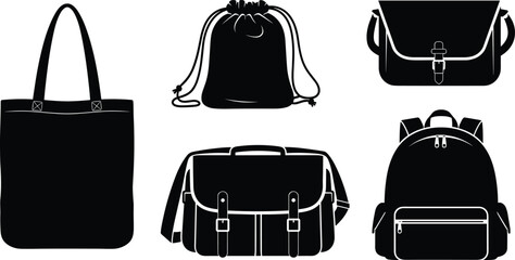 Different bag silhouettes set including tote, backpack, messenger, drawstring and shoulder bag, travel and fashion accessory illustration design