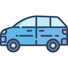 Blue minivan icon with tinted windows and outlined details on a transparent background vector art