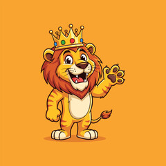 Obraz premium Cartoon lion king waving hand with crown on orange background vector
