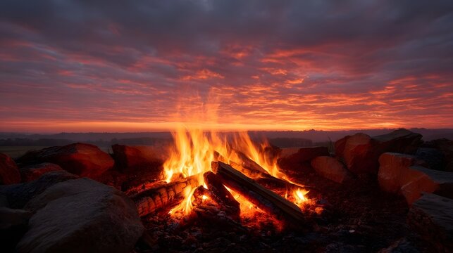 A vibrant campfire burns brightly against a dramatic crimson sunset sky surrounded by rocks in an outdoor landscape at twilight - Powered by Adobe