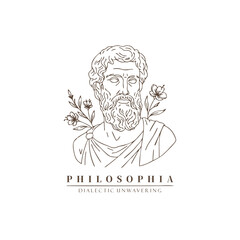 A Minimalist Monoline Logo Design Illustration of a Greek Philosopher Bust in a Semi-Realistic Engraving Style, a Classical Art and Philosophy Line Art Socrates, Plato, Aristoteles