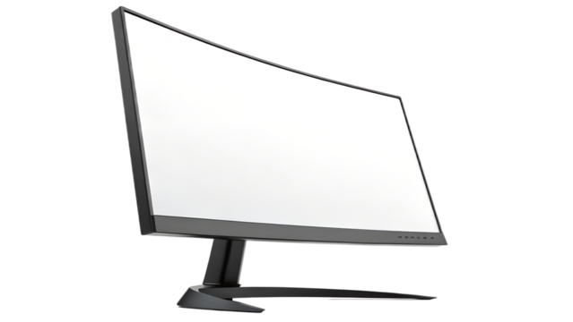 A modern black curved gaming computer monitor with a blank white screen. Isolated on transparent background, png
- Powered by Adobe