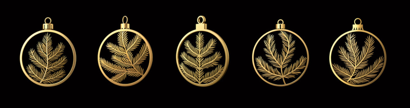 Set of 3D golden Christmas ornaments with pine tree branch designs, isolated on black