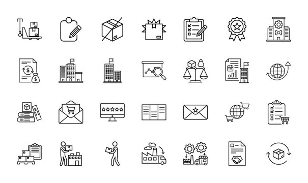 Logistics and supply chain line icon set. Vector pictograms of pallet jacks, shipping boxes, clipboards, buildings, charts, scales, globes, factories, and handshakes, thin linear illustration.