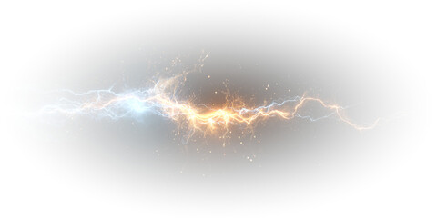 Yellow lightning bolt flashes through storm clouds with electric energy arcs. Realistic sparks illuminate the scene with dynamic power. PNG   © Romstock