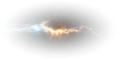 Yellow lightning bolt flashes through storm clouds with electric energy arcs. Realistic sparks illuminate the scene with dynamic power. PNG	
