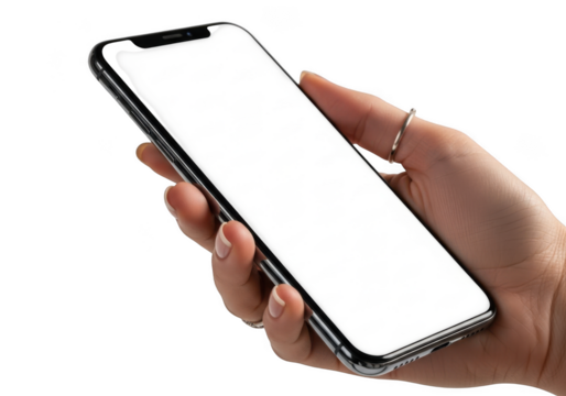 Hand holding a modern smartphone isolated on transparent background