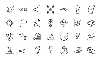 Fototapeta premium Business strategy and innovation line icon set. Vector pictograms of handshake, network, rocket, lightbulb, charts, growth, success, teamwork, and analysis, thin linear illustration.