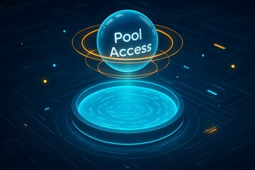 Decentralized Liquidity Pool Access Concept: Futuristic Glass Container Filled with Glowing Blue Digital Water Representing an Asset Pool with a Floating 'Pool Access' Token.