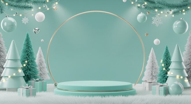 Modern Christmas Product Display Podium. Minimalist Teal and Gold Pedestal Scene with Holiday Trees, Ornaments, and Gifts for Seasonal Promotion.