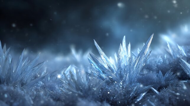 Sharp geometric ice crystals shimmering with cold blue light on a frosty surface under a dramatic dark atmosphere