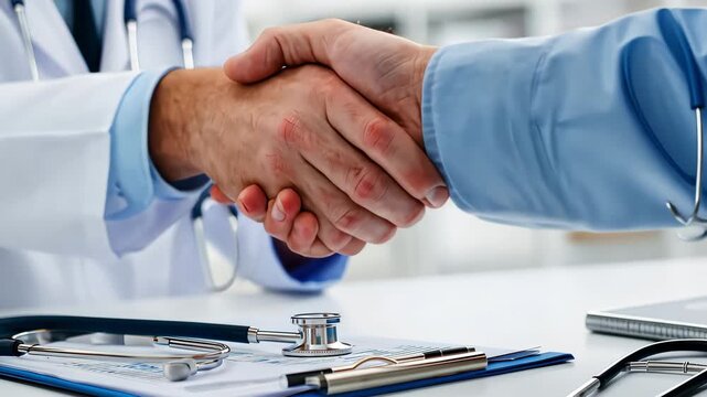 Doctor and patient shaking hands, symbolizing trust and care.