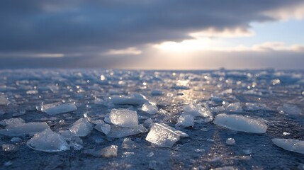 Broken ice shards glisten on a frozen surface under a dramatic cloudy sky at dawn
