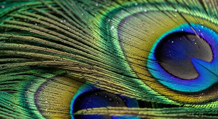 Close-up of vibrant, iridescent peacock feathers showing the characteristic "eyes" and fine detail, with small water droplets