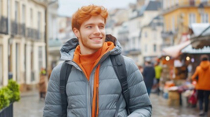 Fototapeta premium A young man with striking ginger hair, wearing a casual jacket, walking along a cobblestone street
