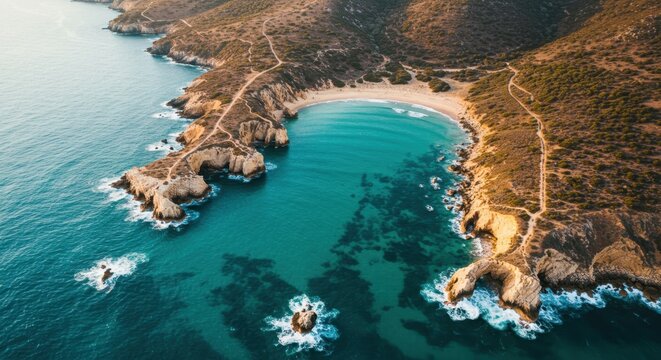 Aerial perspective captures a secluded cove embraced by arid coastal terrain and turquoise ocean water