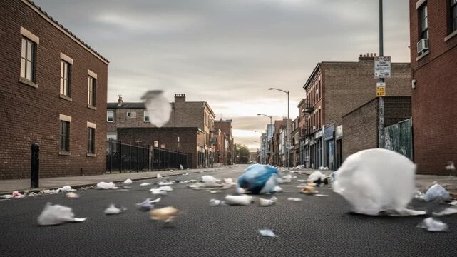 Trash blowing across urban street.