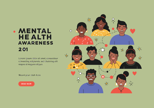 Mental, health, awareness, campaign, illustration, emotions, anxiety, sadness, happiness, anger, support, care, group, diverse, expression, green, background, wellness, people, message