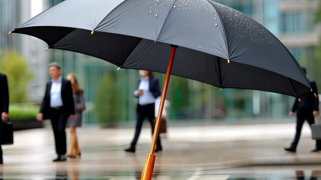 Rainy day in the city as pedestrians walk past an open umbrella in a business district filled with modern buildings
