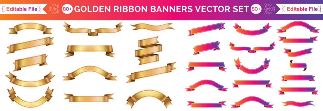 Ribbon banner label emblem gold vector background set with isolated fancy badge vintage sticker and decorative border Golden Ribbon Banners Vector 