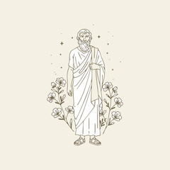 A Minimalist Monoline Logo Design Illustration of a Greek Philosopher Full Body Statue in a Semi-Realistic Engraving Style, a Classical Art and Philosophy Line Art Socrates, Plato, Aristoteles