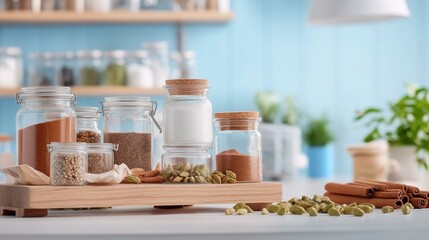 A wooden spice rack filled with glass jars of dried spices, with a jar of cardamom pods prominently displayed, surrounded by other aromatic spices like cinnamon and cloves