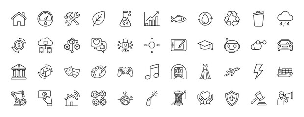 Modern universal line icon set. Vector pictograms covering technology, business, environment, finance, logistics, and creativity, thin illustration.
