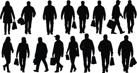 People silhouettes walking and shopping with bags, male and female figures, urban lifestyle vector illustration, retail activity black design