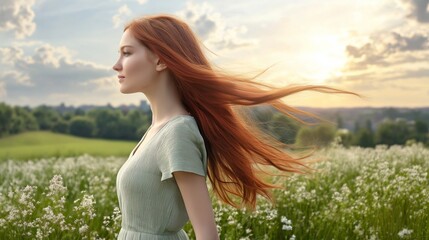 A woman with vibrant red hair, wearing a light green dress, standing in a field of tall grass, with the sun setting in the background