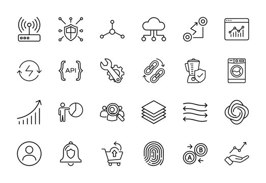 Technology and business line icon set. Vector pictograms of wireless router, cybersecurity shield, cloud computing, data analytics, API code, and shopping cart, thin linear illustration.
