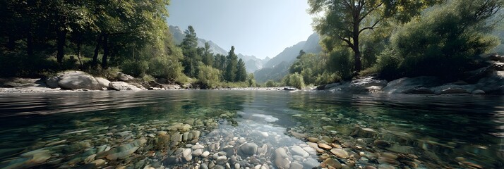 Split level view of an extremely clear mountain river showing the surface and riverbed with pebbles and rocks and surrounding forest and mountains