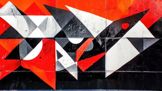 Bold Geometric Abstract Mural: Dynamic Red, Black, White Shapes on Textured Surface