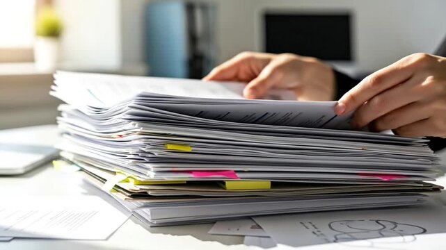 Focused hands quickly sort through large stack of office documents on bright desk