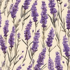 Purple Lavender Sprigs Seamless Pattern Beige Background Aromatic Herb Floral Botanical Design